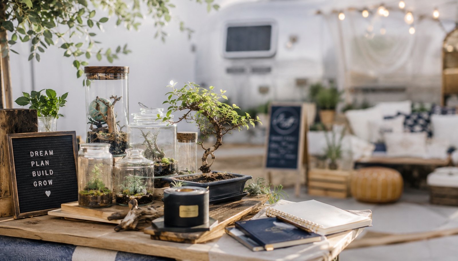 An Airstream styled with terrariums, bonsai, and warm lighting in the foreground