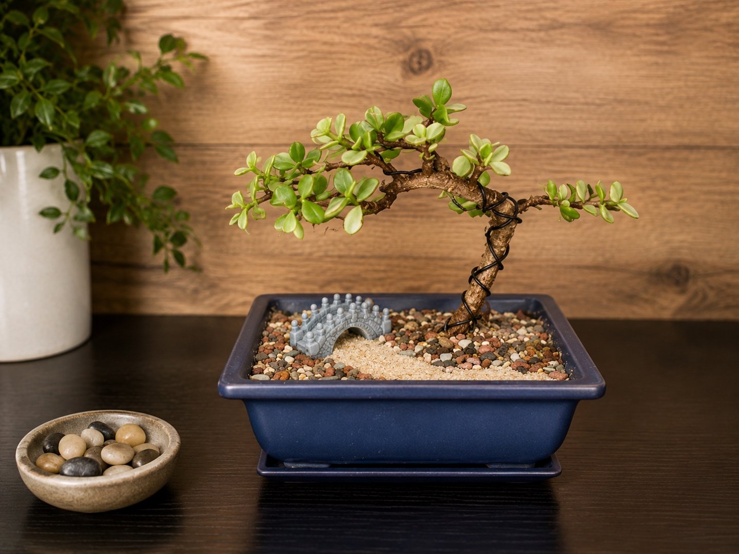 A small potted bonsai tree in a hand-glazed dish, close up
