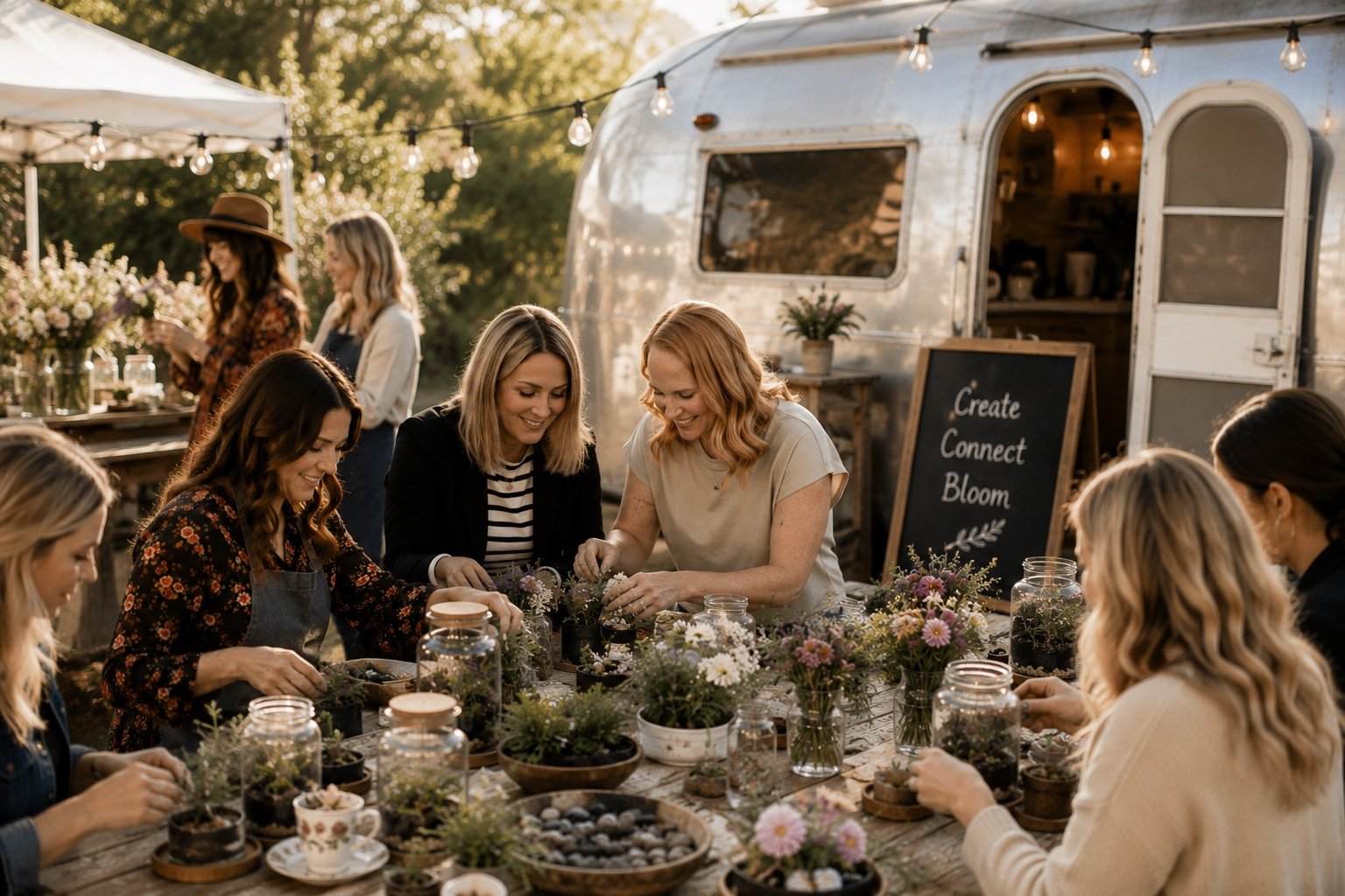 Fresh floral arrangements in vintage teacups on a wood table in natural light