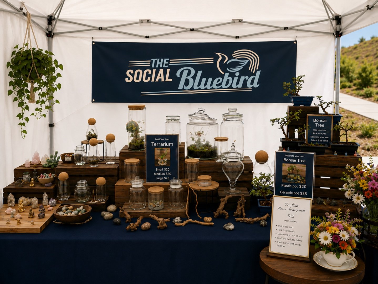 A styled market booth of terrariums and botanical displays