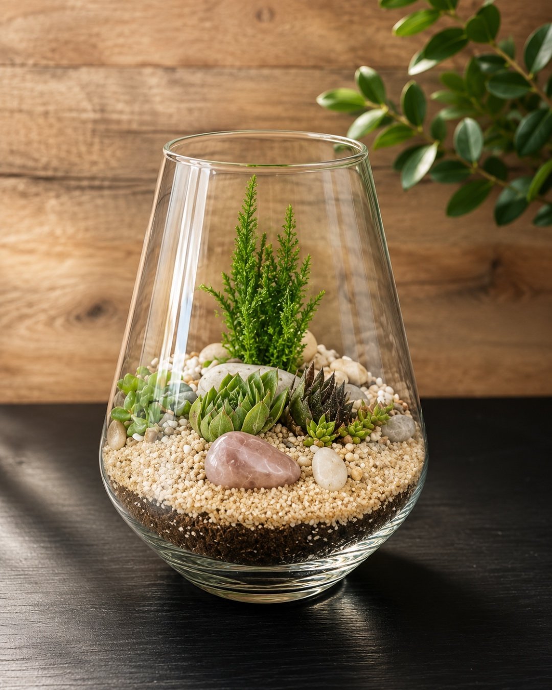 A terrarium layered with sand and a small fern