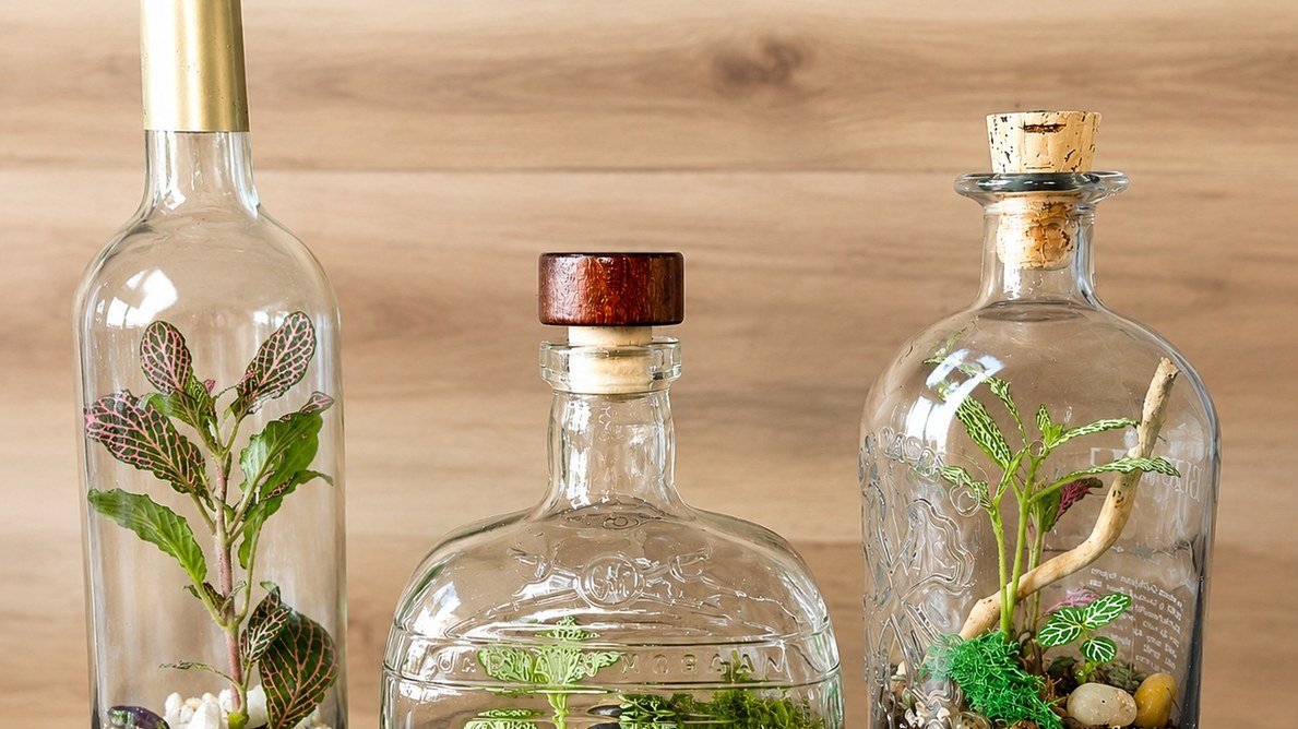 Three upcycled bottle terrariums with layered pebbles and small plants, sitting on a dark wood bar top.
