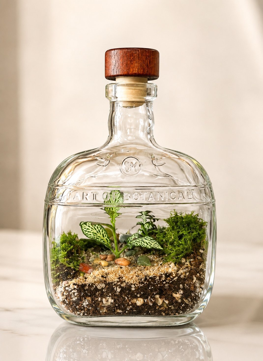 Wide embossed liquor bottle terrarium with layered pebbles and small green plants.